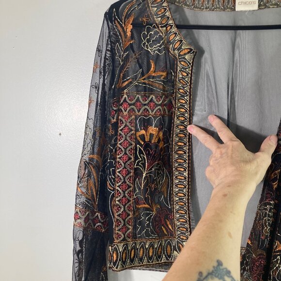 Womens Chicos Sheer Embroidered Mesh Open Cardigan Black Rust Gold L - Picture 4 of 8